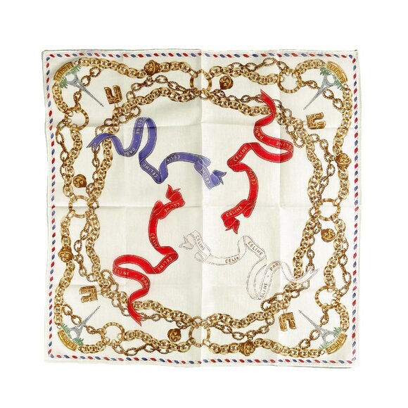Celine Vintage Cotton Scarf – Parisian Chain & Ribbon Motif - Picture 1 of 15